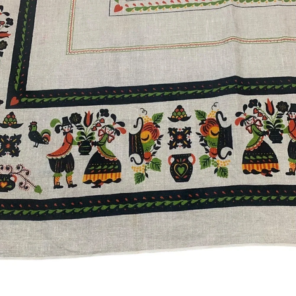 Vintage Folk Art Table Cloth Dutch Couple Linen Rectangle Tan 64 in x 50 in
